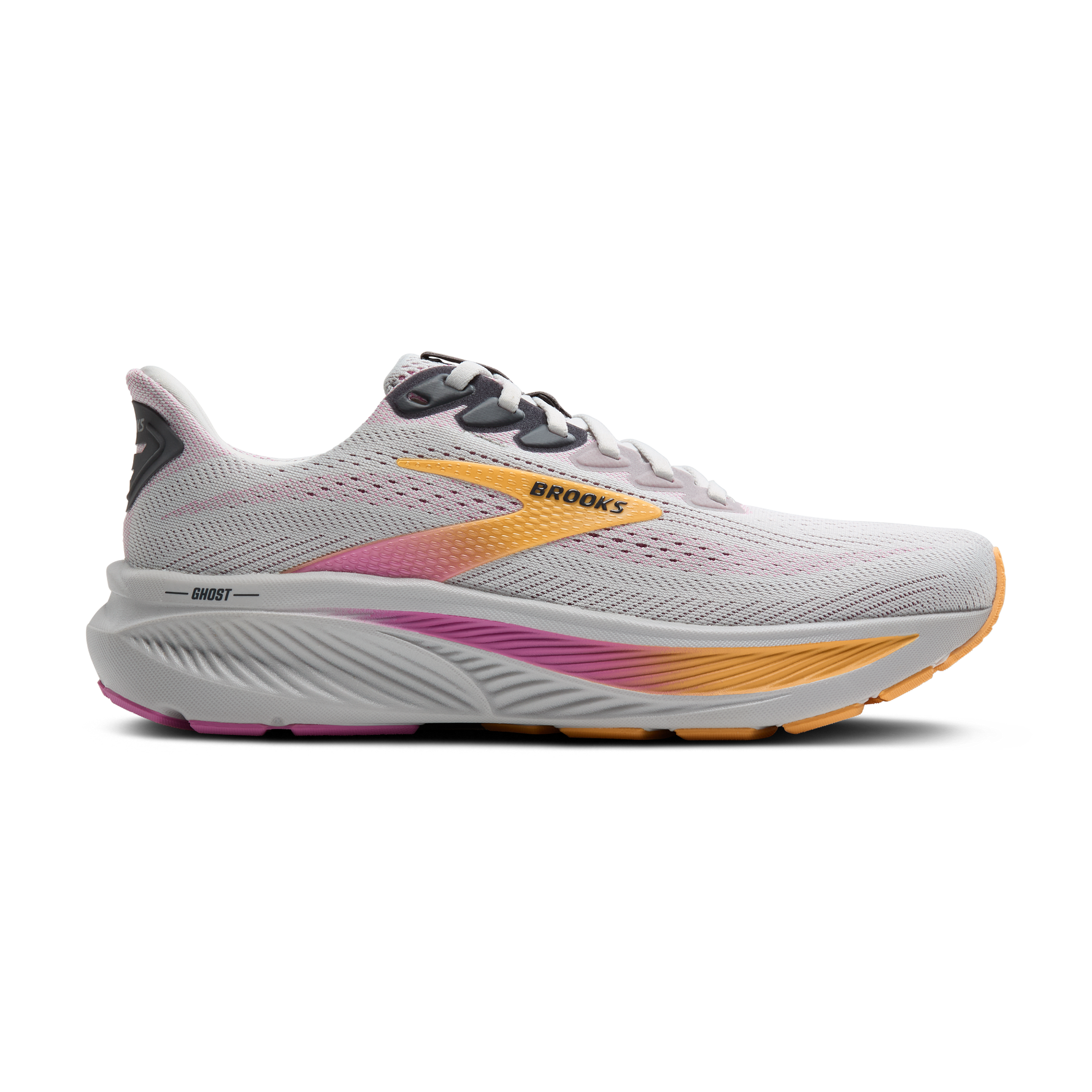 Brooks Ghost 17 women's running shoe in oyster gray with orange and pink colorway