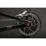 Close-up of Santa Cruz Tallboy black bike rear wheel with disc brake and derailleur