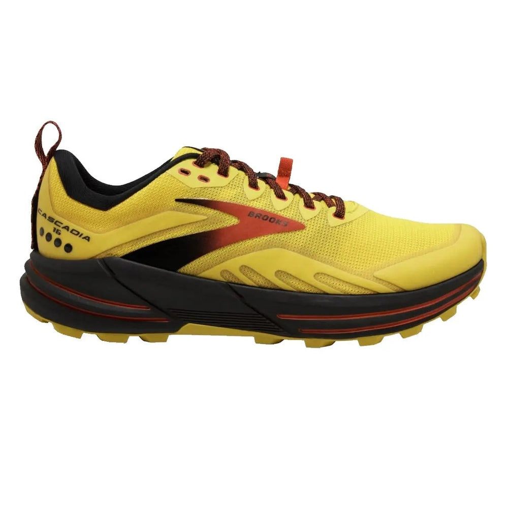 Brooks Cascadia 16 men's trail running shoe in yellow with black and red accents