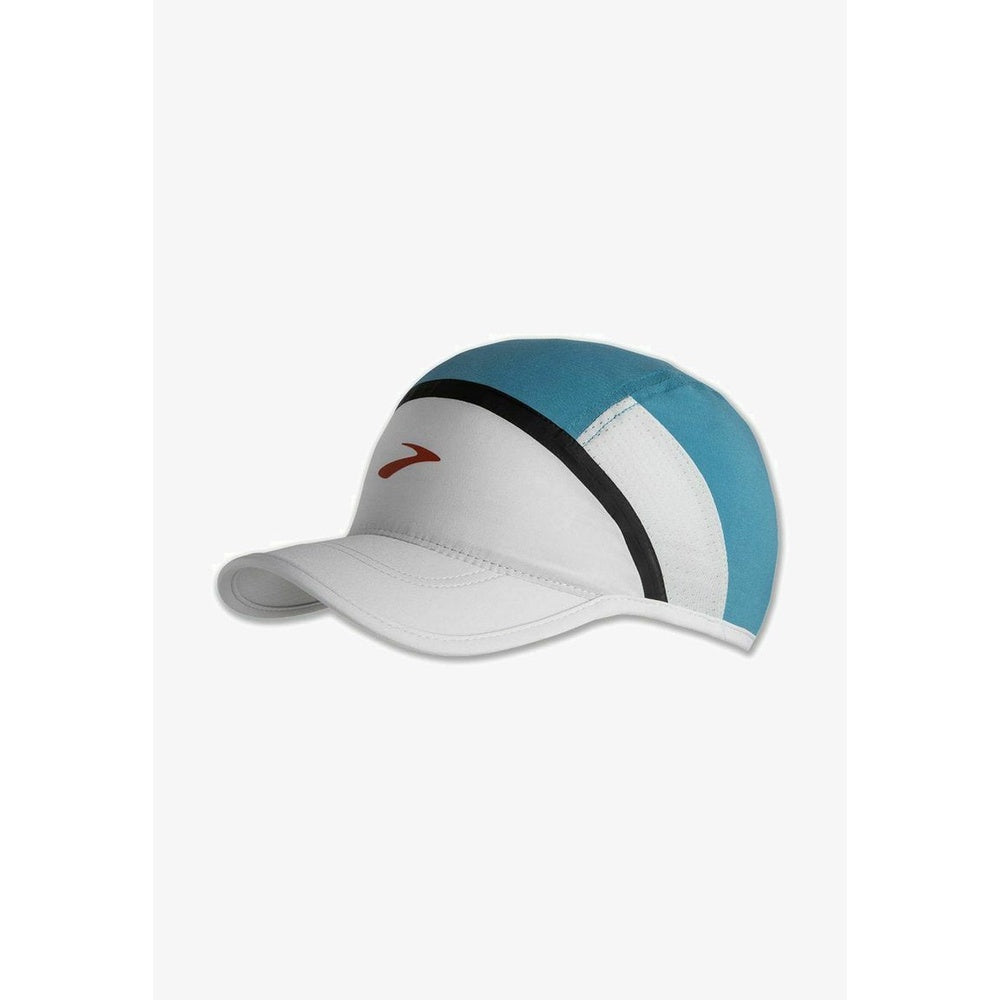 Brooks Base Hat in Storm Blue and white with black stripe and red logo