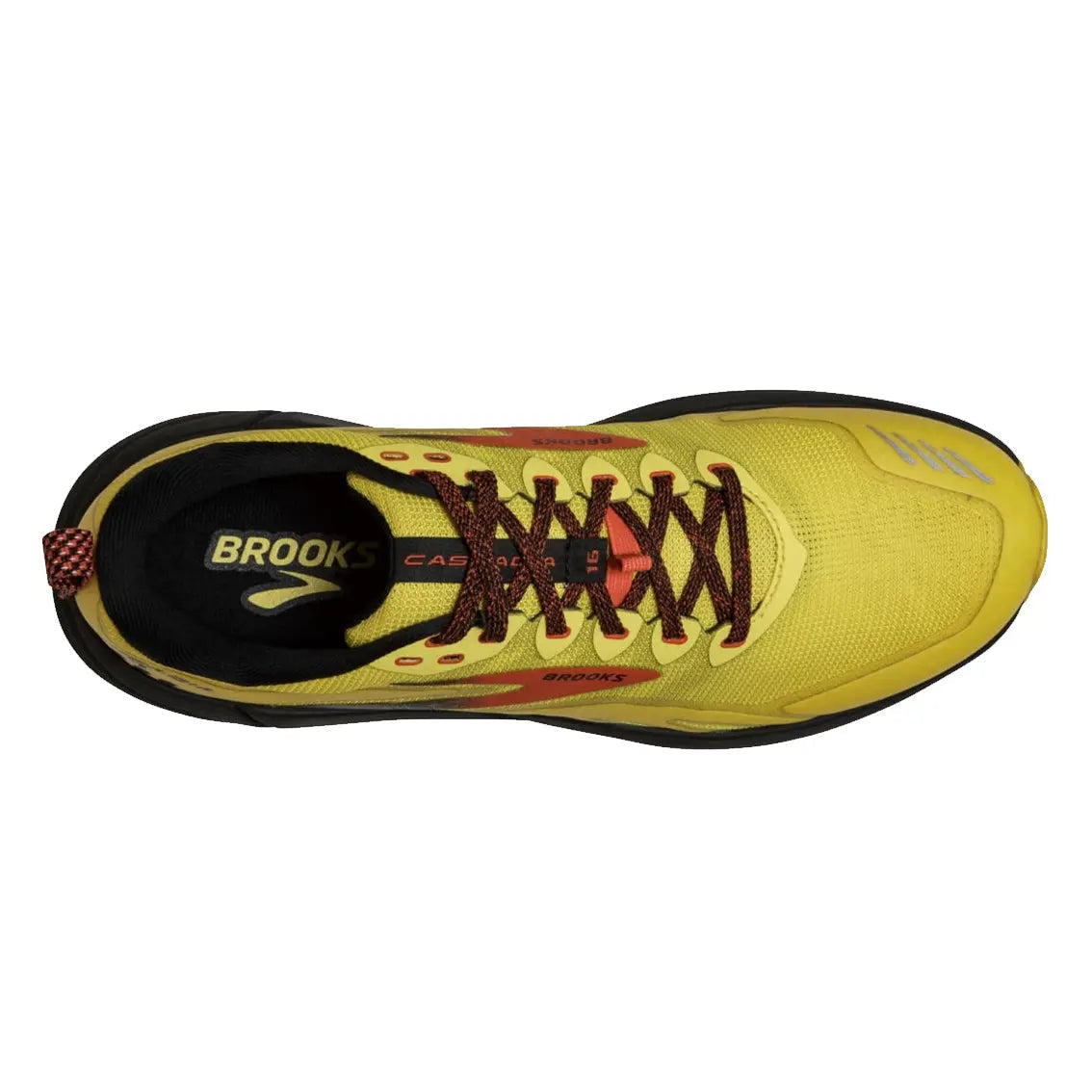 Brooks Cascadia 16 men's trail running shoe in yellow with black and red accents