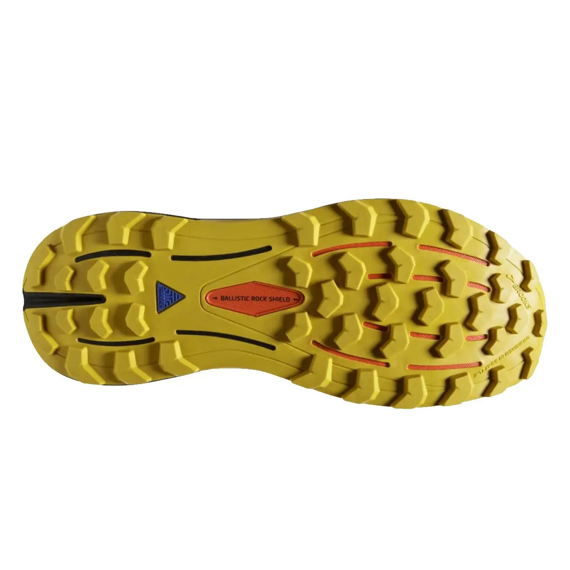 Yellow Brooks Cascadia 16 running shoe sole with black and red traction pattern