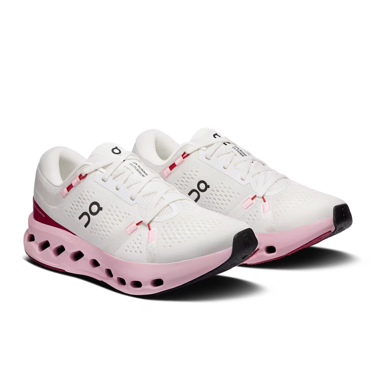 On Cloudsurfer 2 women's running shoes in pearl white with orchid pink sole