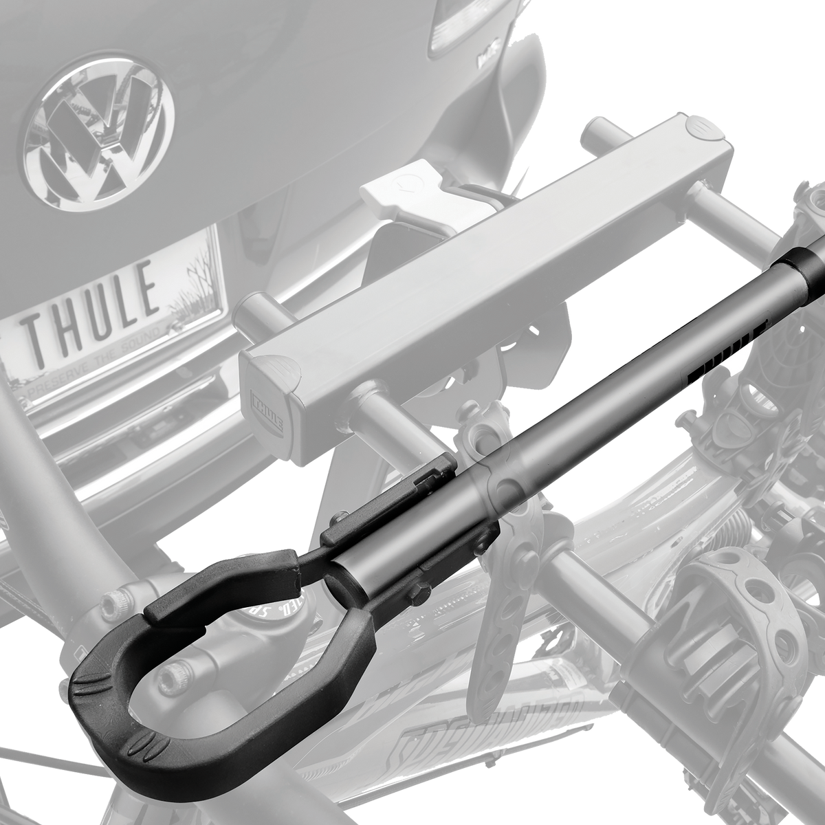 Thule 982XT Frame Adapter shown in use on a bike rack mounted to a Volkswagen vehicle