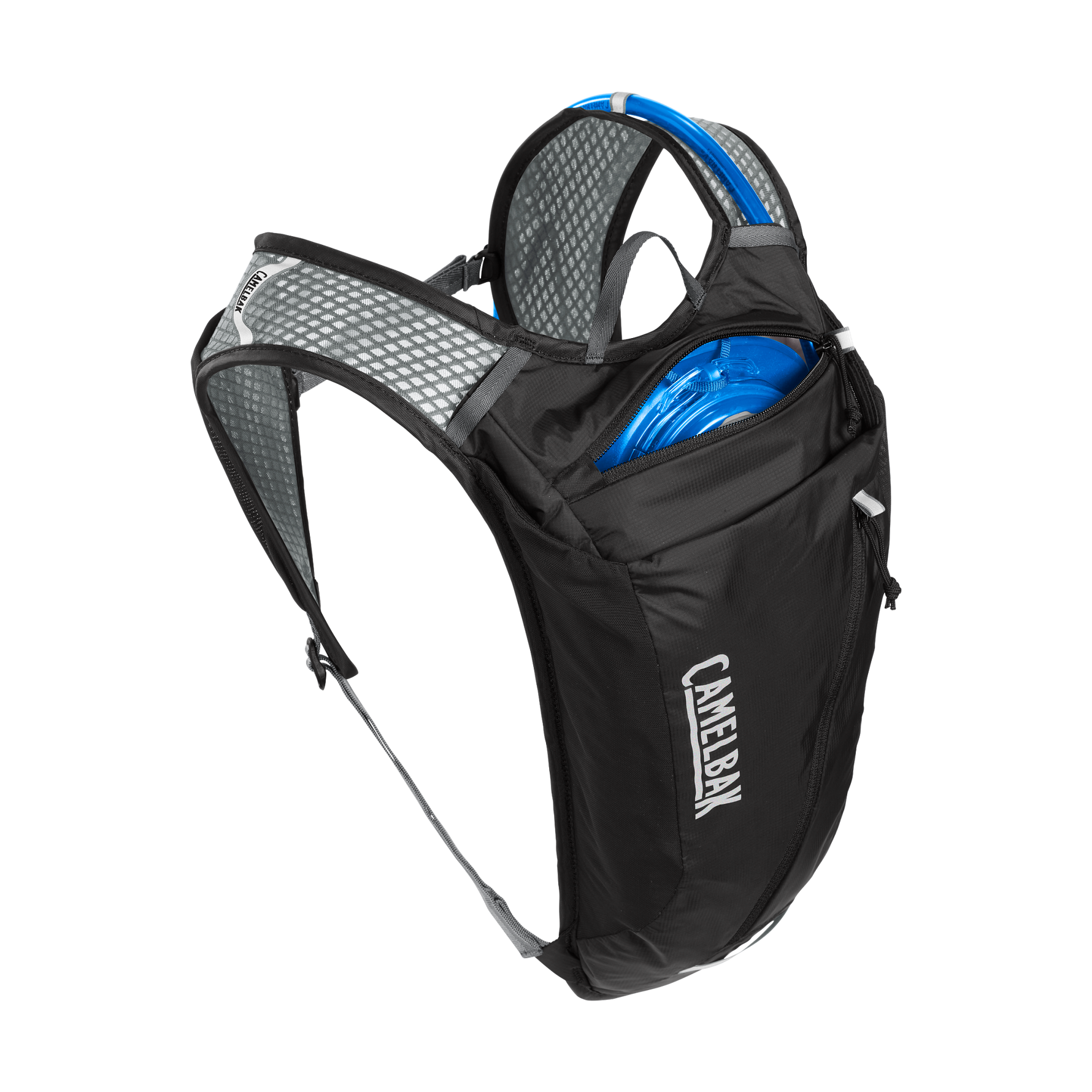 CamelBak black hydration backpack with blue water reservoir and mesh shoulder straps