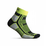 Thorlos quarter athletic sock in bright yellow-green with black and gray design elements