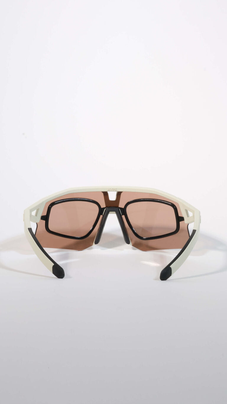 KOO sunglasses with optical clip insert, white frame with black clip mechanism