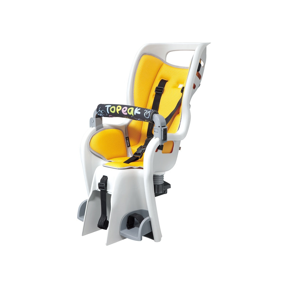 Topeak BabySeat II bicycle child seat with yellow padding and white frame