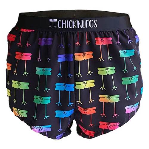ChicknLegs men's split shorts in black with colorful underwear pattern