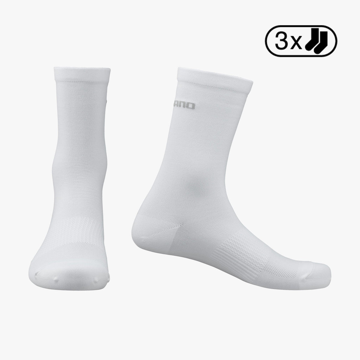 Shimano Performance white cycling socks 3-pack shown front and side view