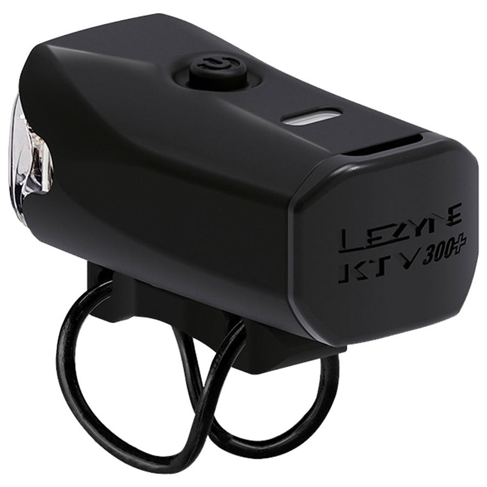 Lezyne KTV 300+ black bicycle front light with rubber handlebar mount, side view