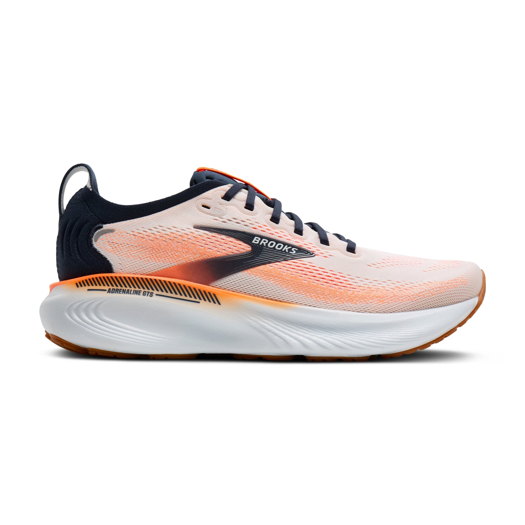 Brooks Adrenaline GTS 25 men's running shoe in white with orange gradient and navy accents