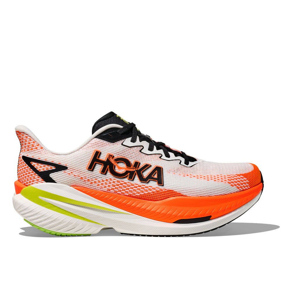 HOKA Mach X 3 running shoe in white with neon orange accents