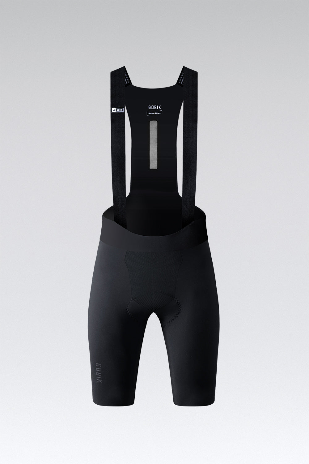 Gobik Lancer black cycling bib shorts with shoulder straps on white background