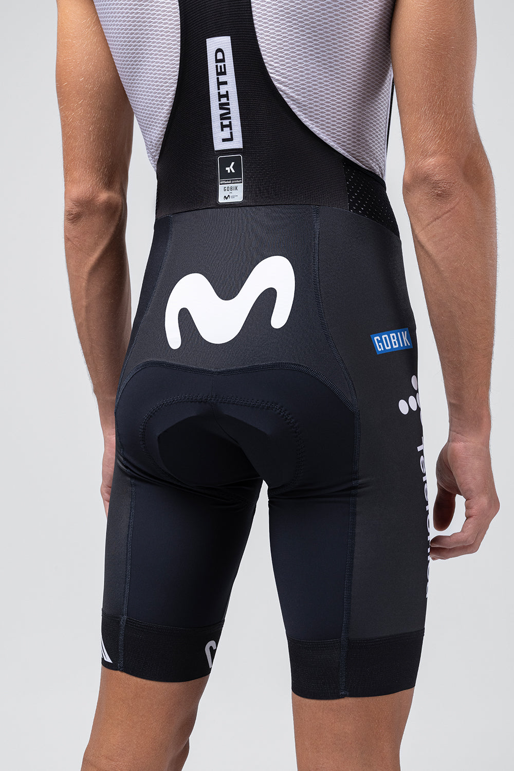 Gobik Limited 6.0 Bib Shorts in Movistar Team colors, rear view showing navy design