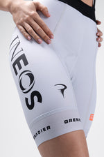 Gobik women's cycling bib shorts in Ineos Grenadiers team colors with logos