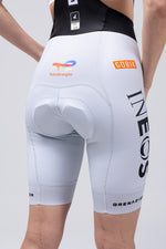 Gobik women's cycling bib shorts in white Ineos Grenadiers team design with padding