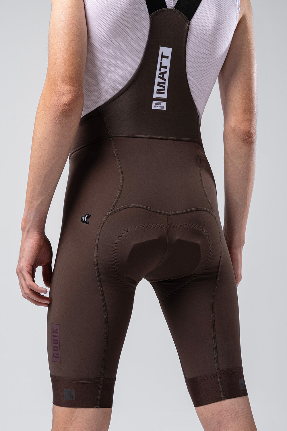 Gobik Matt 2.0 bib shorts in cocoa brown color on model