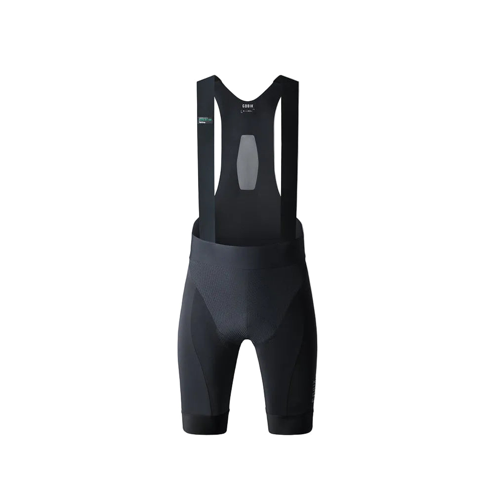 Gobik X men's black cycling bib shorts with shoulder straps on gray background