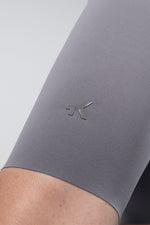 Gobik X men's bib shorts in kettle gray color showing leg detail with logo