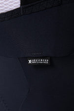 Close-up detail of Gobik X Advanced Performance bib shorts in navy blue fabric