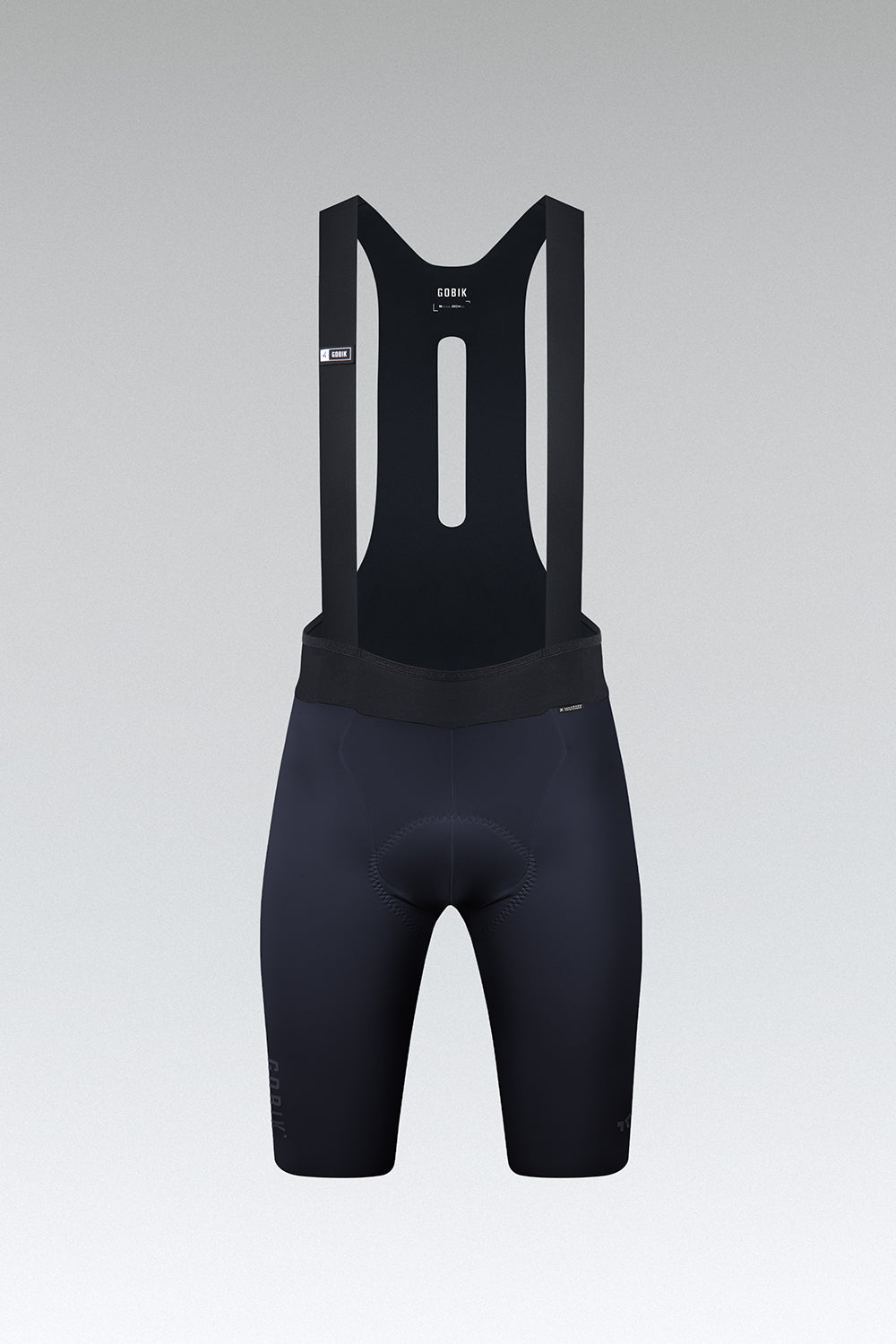 Gobik X Bib Short Men's in navy blue with black straps on gray background