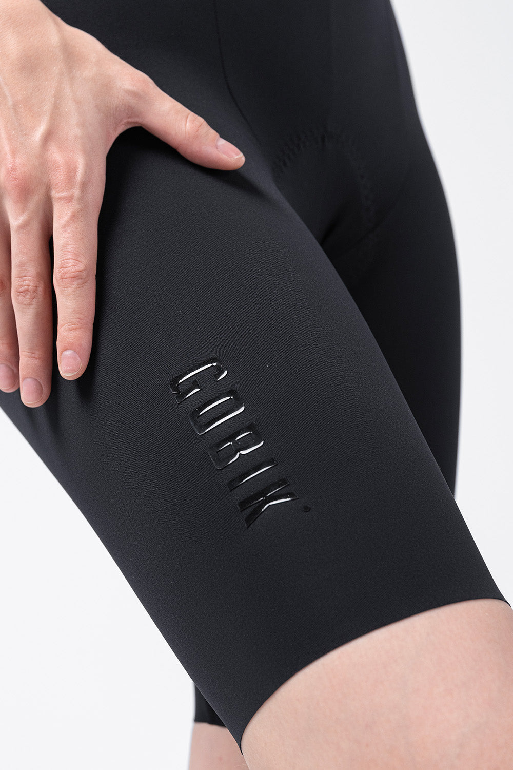 Black Gobik X women's cycling bib shorts with embossed logo detail