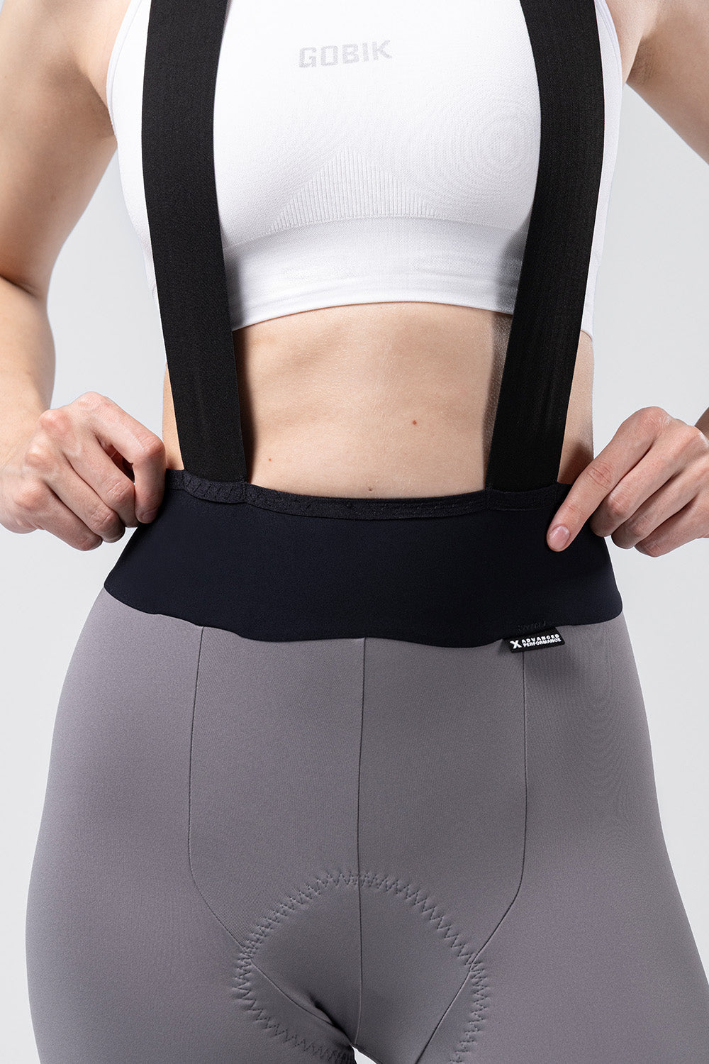 Gobik X Bib Short Women's in Kettle gray with black suspenders and waistband