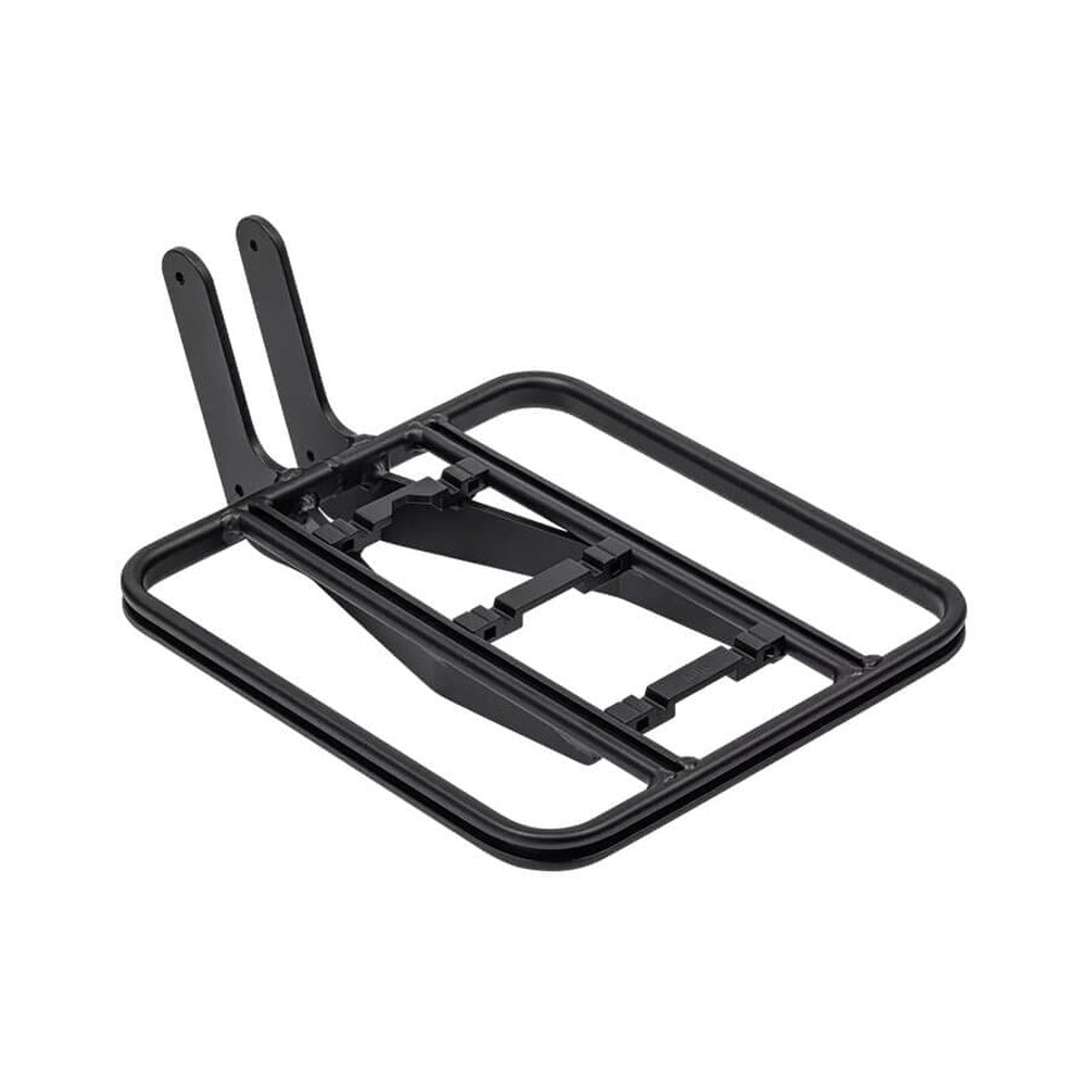 Black Specialized Globe front bicycle rack with mounting brackets on white background