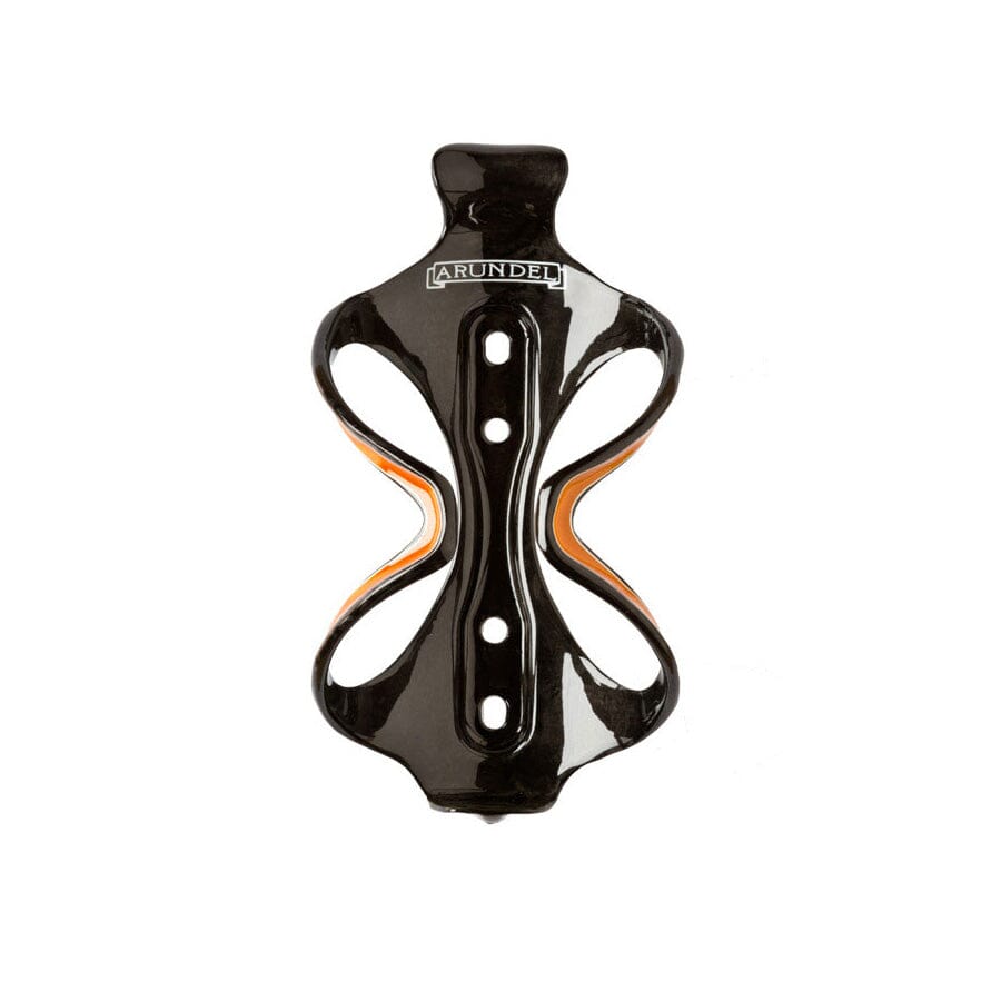 Arundel black bicycle bottle cage with orange accent stripes and mounting holes