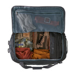 Patagonia Black Hole Duffel 55L in black with colorful Fitz Trout logo design