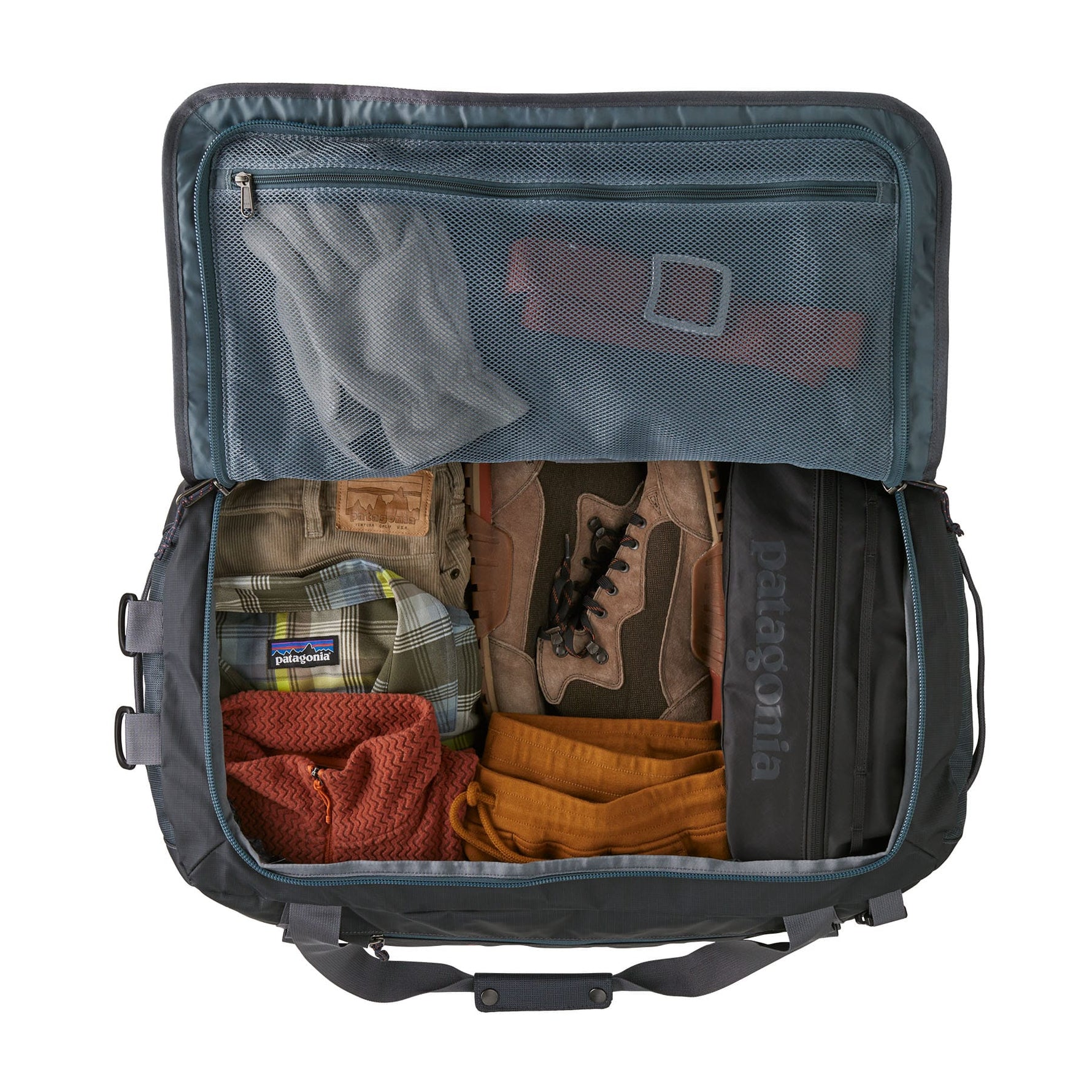 Patagonia Black Hole Duffel 55L in black with colorful Fitz Trout logo design