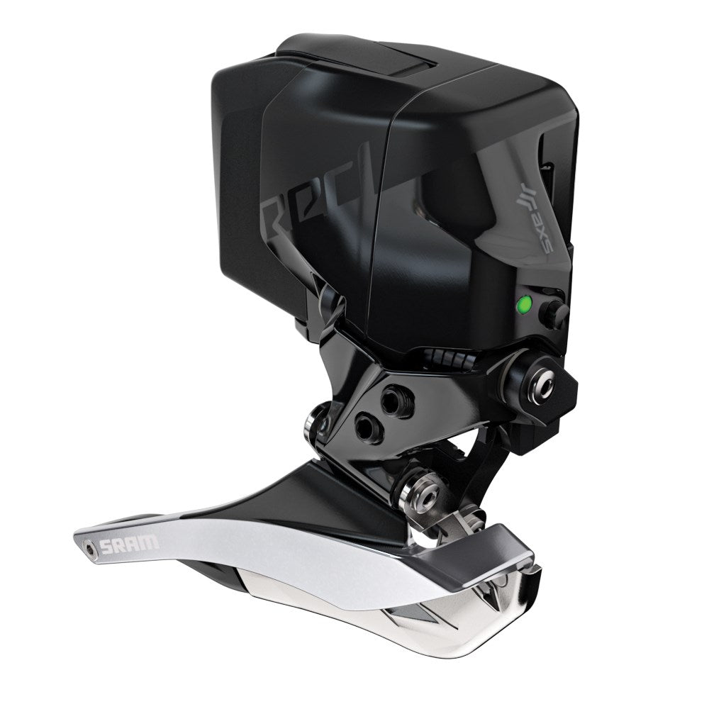 SRAM Red eTap front derailleur in black with electronic housing and mounting hardware
