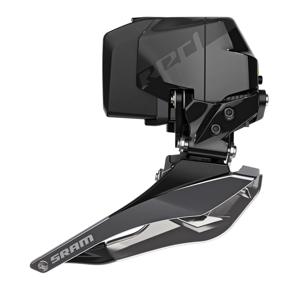 SRAM Red eTap AXS front derailleur in black with professional studio photography