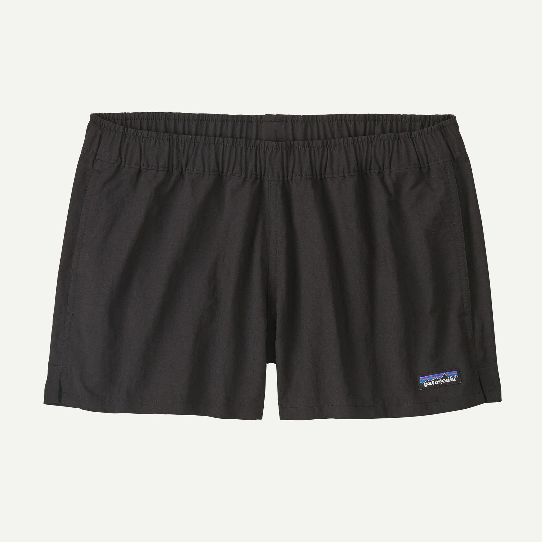Black Patagonia Women's Barely Baggies Shorts with elastic waistband and logo