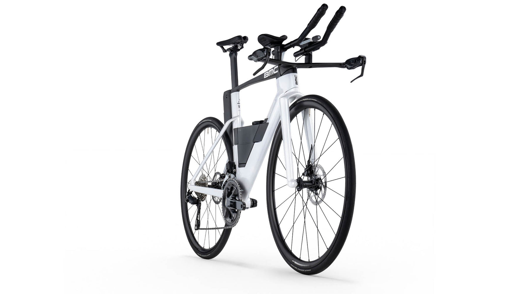 BMC Speedmachine time trial bike in white with aerodynamic handlebars and disc brakes