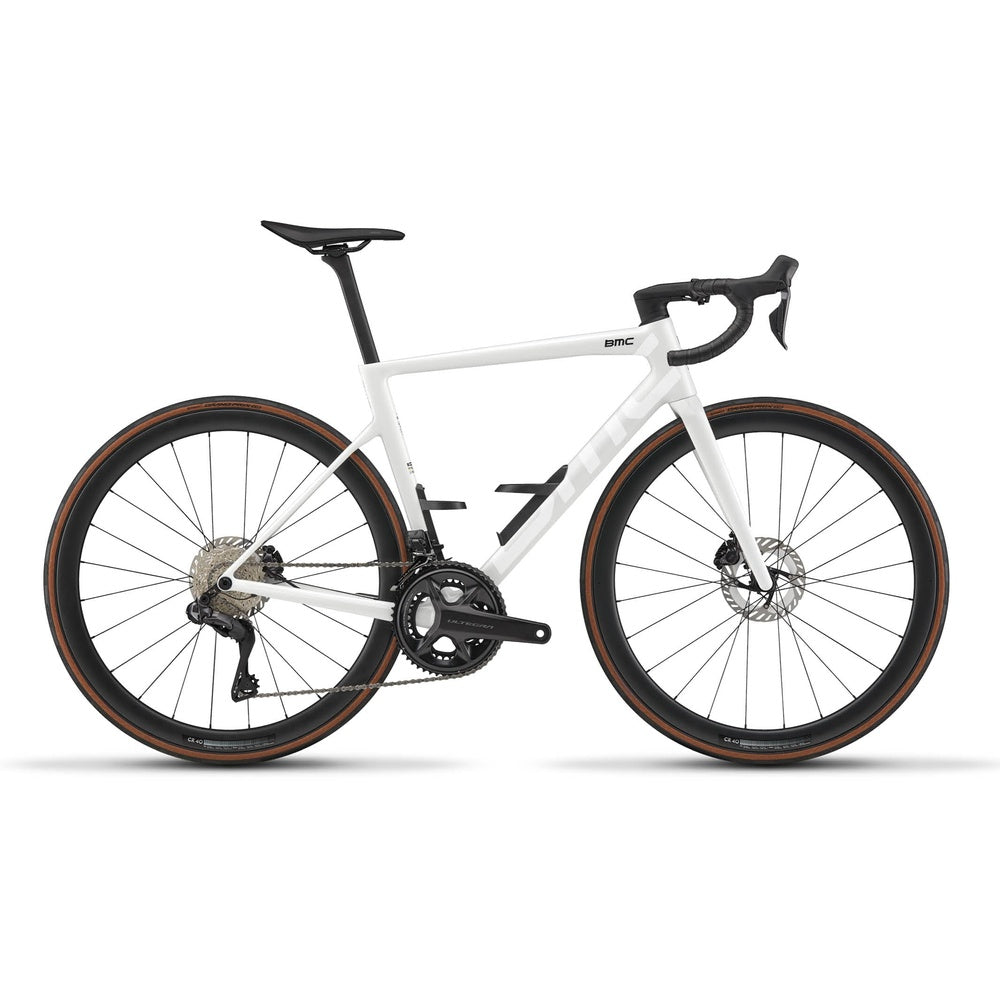 BMC Teammachine SLR 01 road bike in Stealth White with carbon wheels, side view