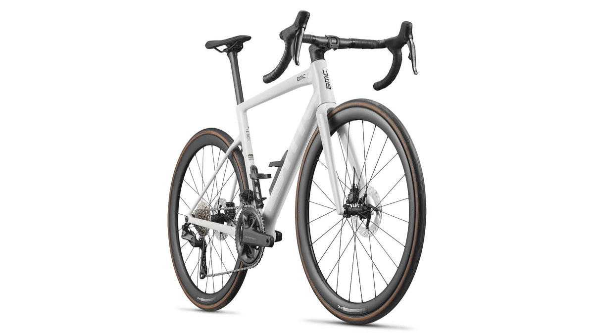 BMC Teammachine SLR 01 road bike in Stealth White, rear three-quarter view on white background
