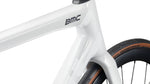 Close-up detail of BMC Teammachine SLR 01 head tube and fork junction in Stealth White