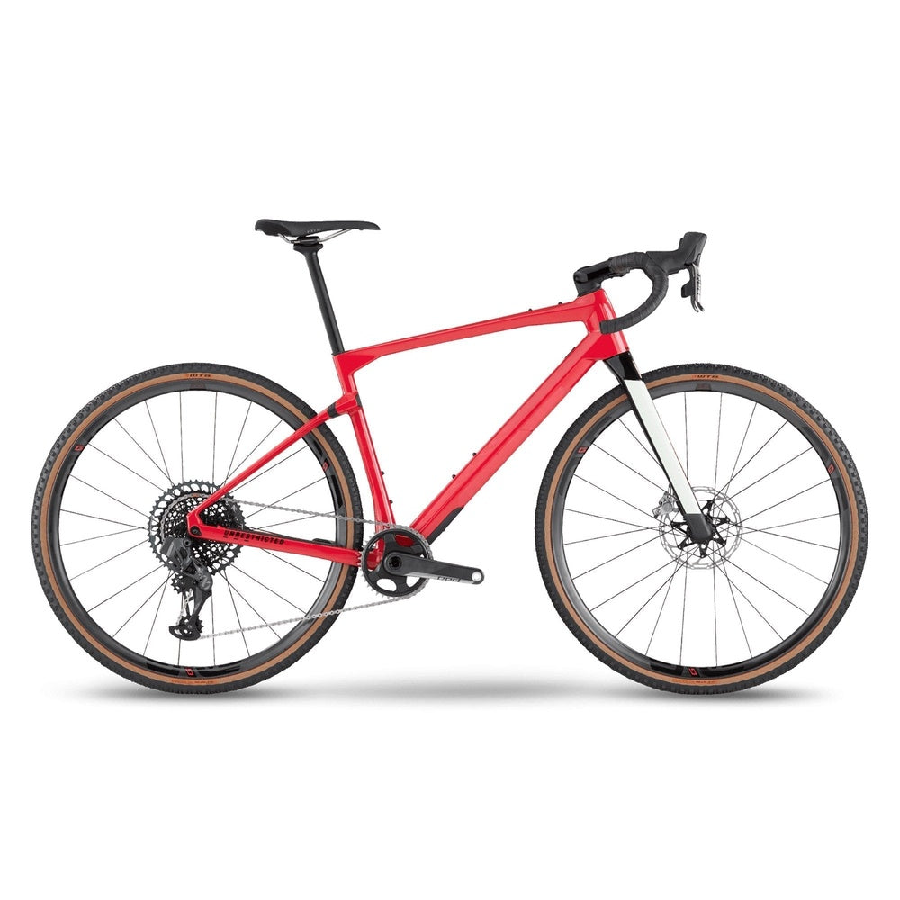 BMC UnReStricted URS ONE gravel bike in red with drop handlebars and disc brakes