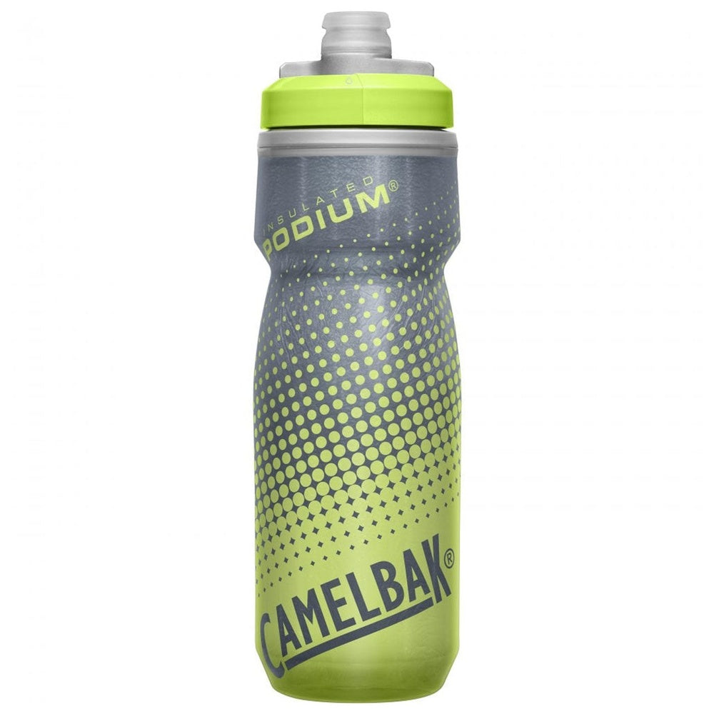 CamelBak Podium Chill water bottle in gray-green gradient with yellow dot pattern