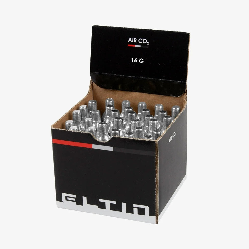 Eltin CO2 16g cartridges in black retail box containing multiple silver threaded cartridges