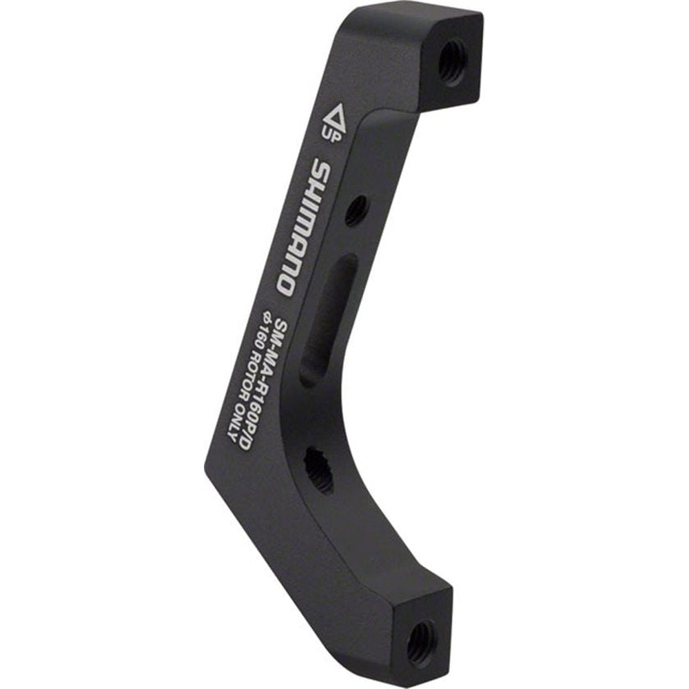 Shimano black disc brake mount adapter with threaded holes and UP arrow marking