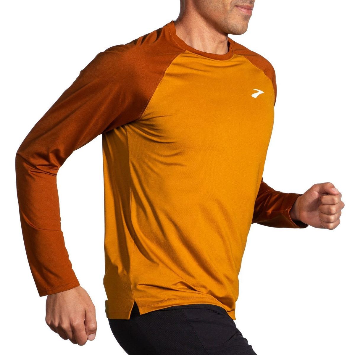 Brooks Atmosphere Long Sleeve 2.0 men's running shirt in Ochre Hazelwood colorblock design