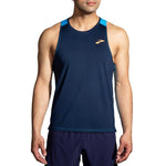 Brooks Atmosphere Singlet 2.0 mens navy tank top with blue shoulder accents and gold logo