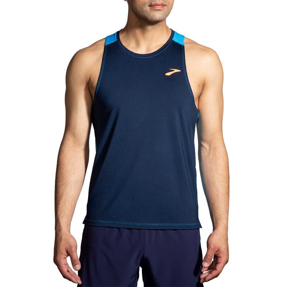 Brooks Atmosphere Singlet 2.0 mens navy tank top with blue shoulder accents and gold logo