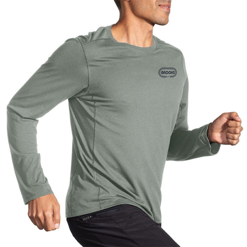Brooks Distance Long Sleeve men's running shirt in sage green with Brooks logo