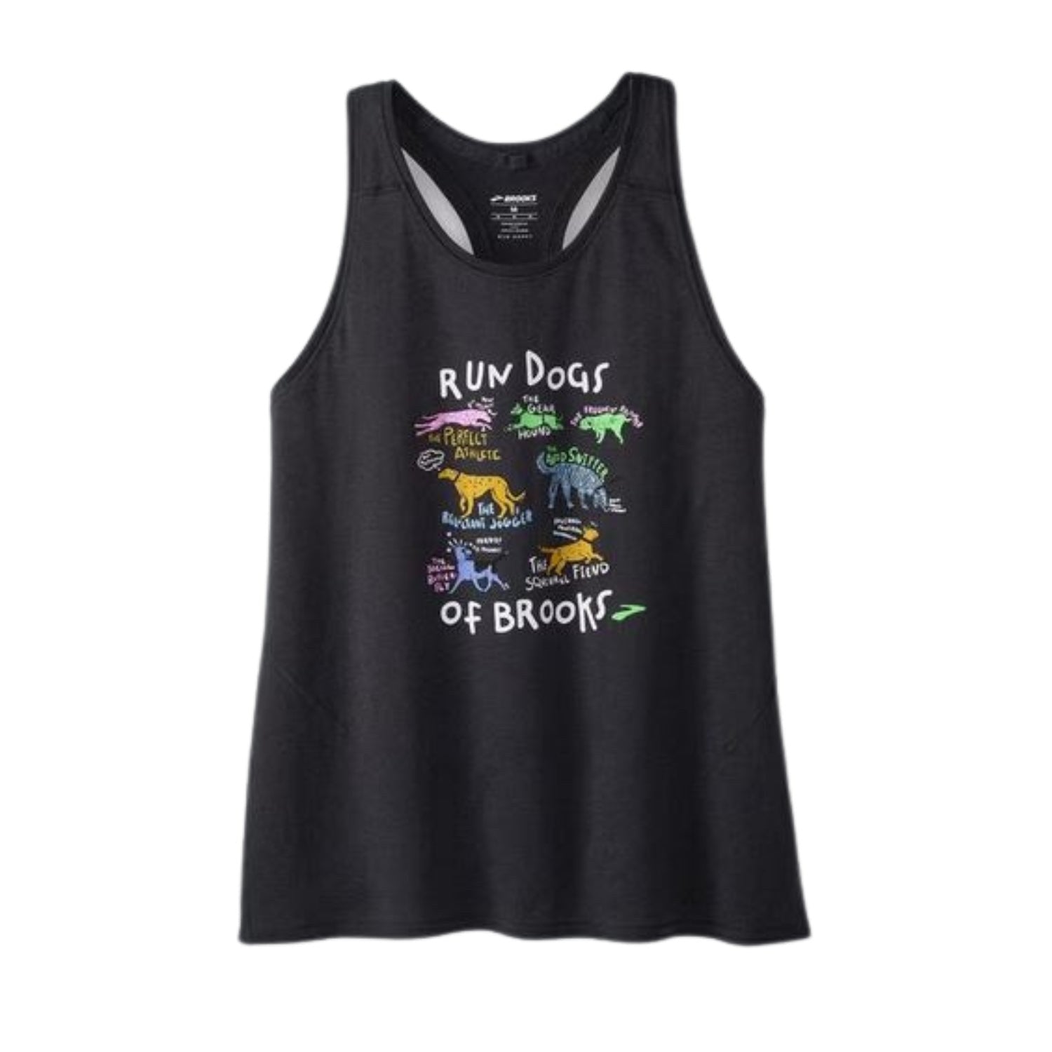 Brooks Distance Tank 2.0 in black featuring colorful Run Dogs of Brooks graphic print