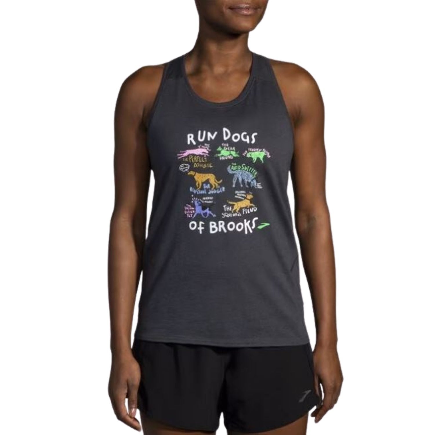Brooks Distance Tank 2.0 in black with colorful Run Dogs of Brooks graphic design