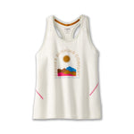 Brooks Running Company Distance Tank 2.0 in ecru with mountain sunrise graphic print